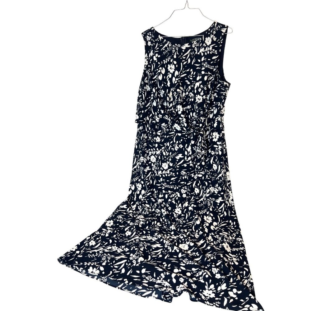 LRL Lauren Ralph Lauren Size 16 Floral Dress Waist Side Tie Navy blue white flor